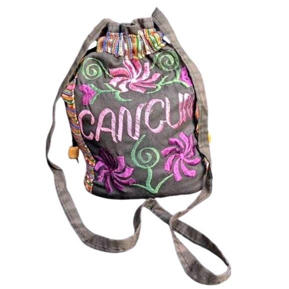 Vintage Cancun Mexico Embroidered Drawstring Bucket Bag Boho Artisanal Souvenir - Picture 1 of 15